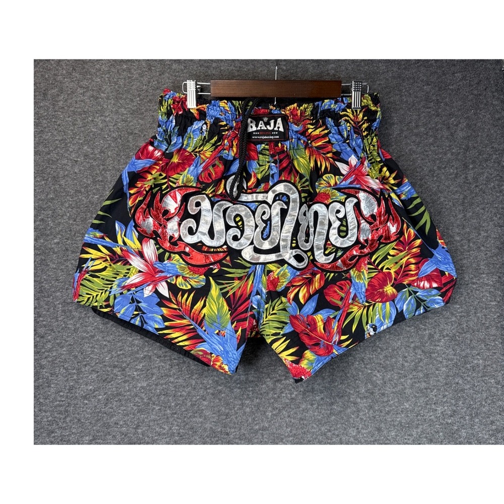 Raja Boxing Muay Thai Shorts Mens L Tropical Floral Parrot Print Satin Thailand